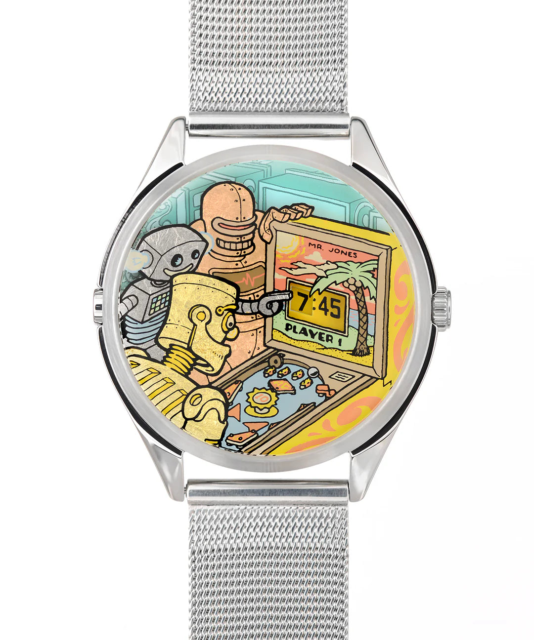 Velqorian Retro Cartoon Watch | Vintage Gaming Style Wristwatch | Silver Mesh Strap