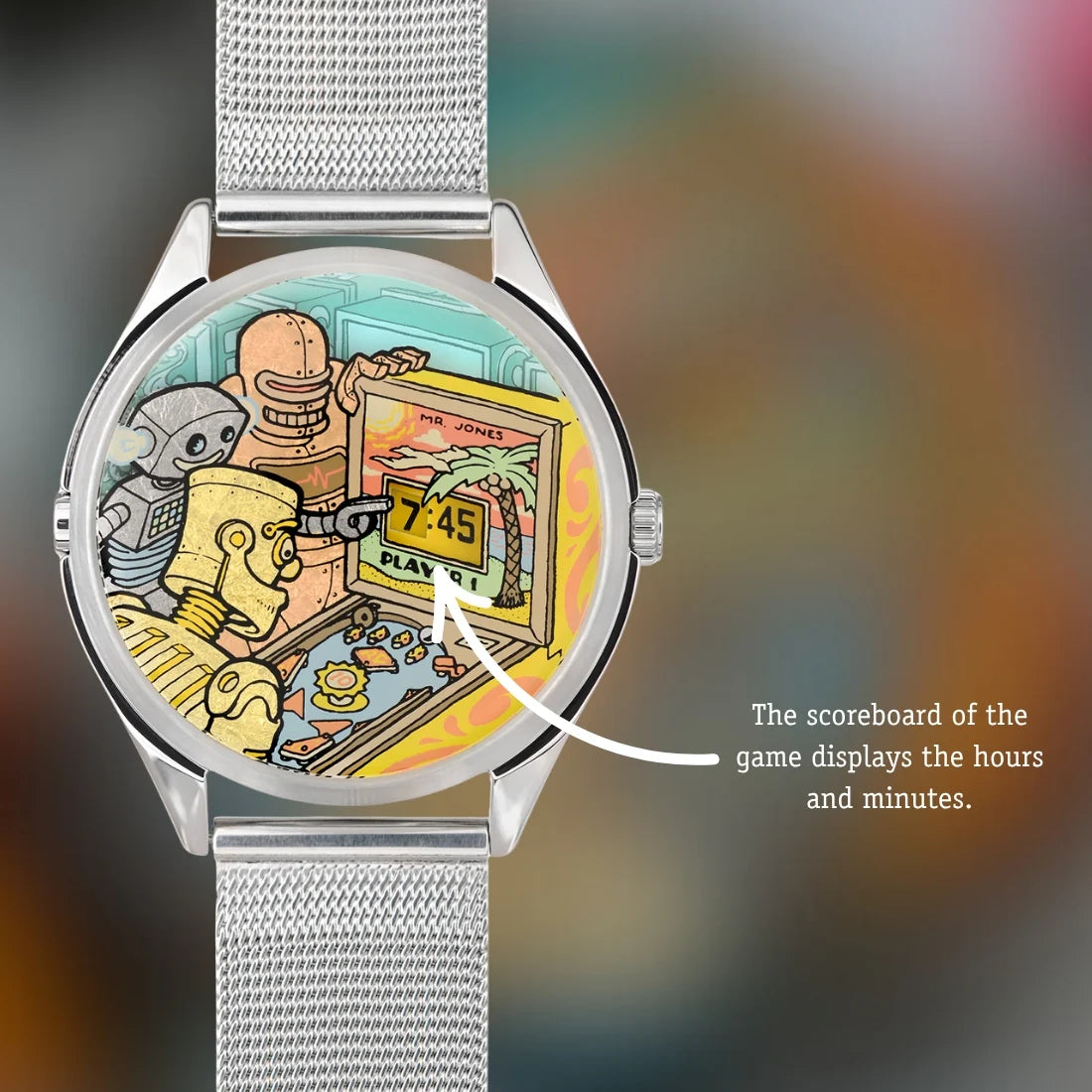 Velqorian Retro Cartoon Watch | Vintage Gaming Style Wristwatch | Silver Mesh Strap