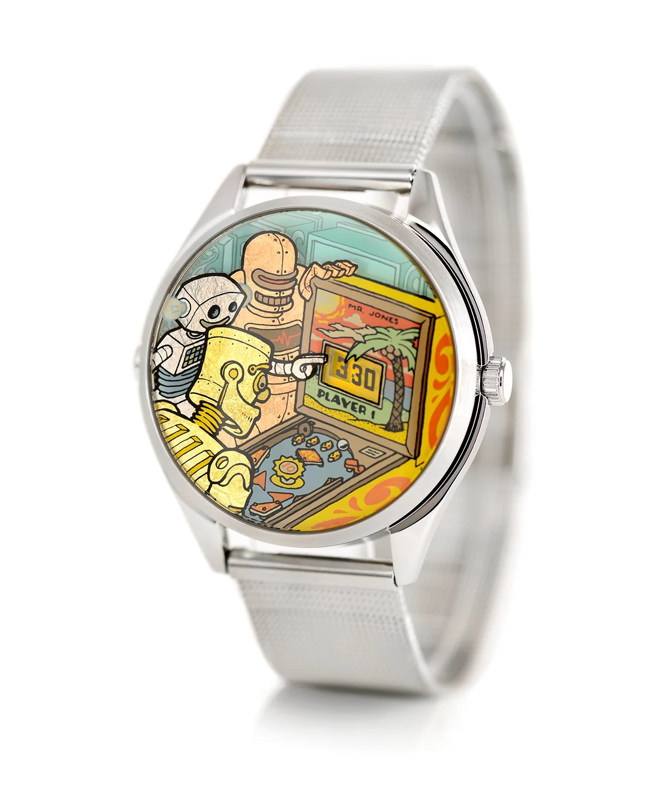 Velqorian Retro Cartoon Watch | Vintage Gaming Style Wristwatch | Silver Mesh Strap
