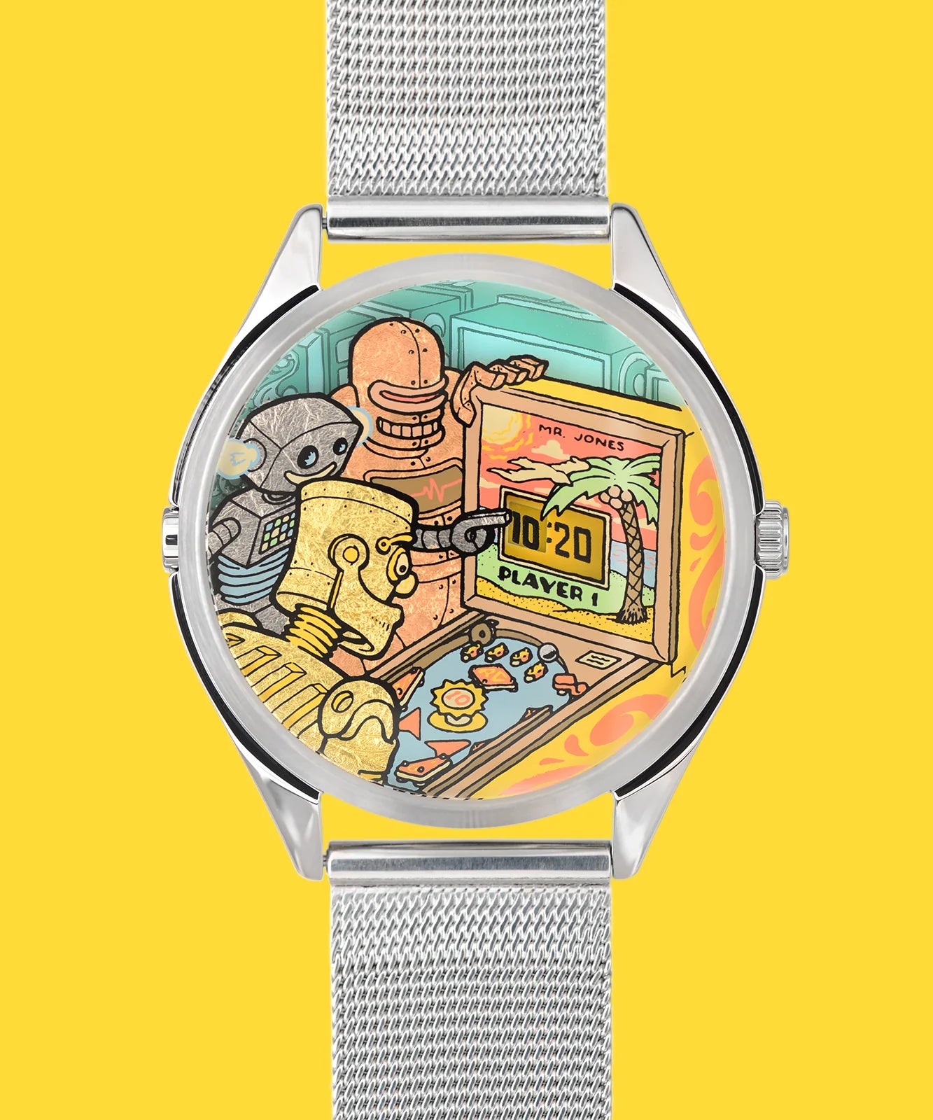 Velqorian Retro Cartoon Watch | Vintage Gaming Style Wristwatch | Silver Mesh Strap