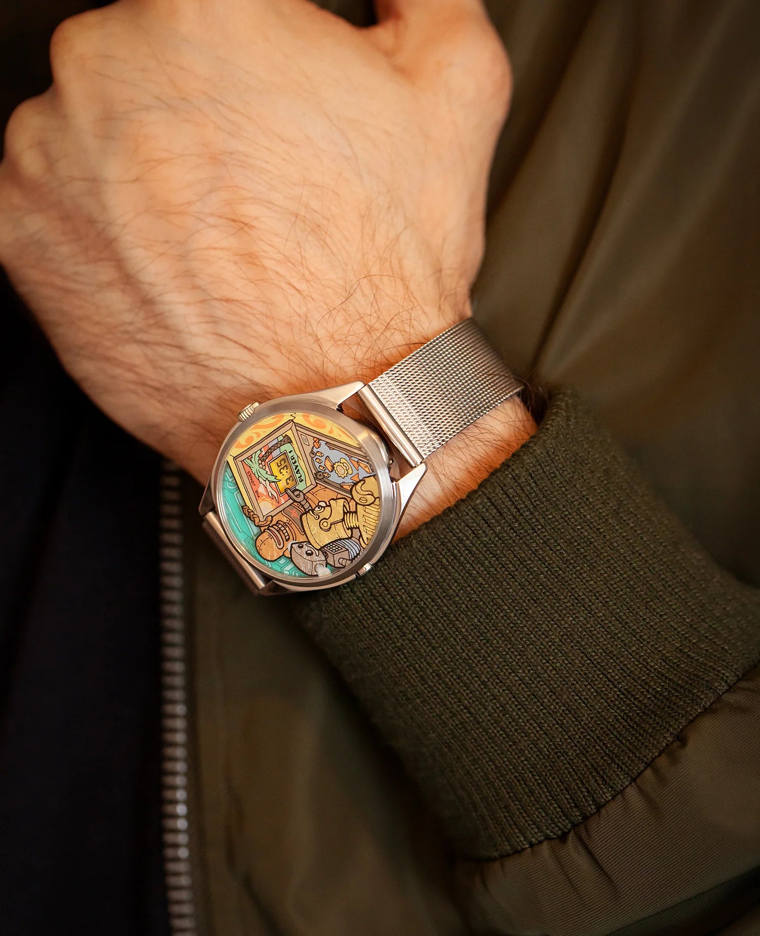 Velqorian Retro Cartoon Watch | Vintage Gaming Style Wristwatch | Silver Mesh Strap