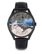 Velqorian Midnight Mountain Watch | Artistic Landscape Dial | Black Leather Strap