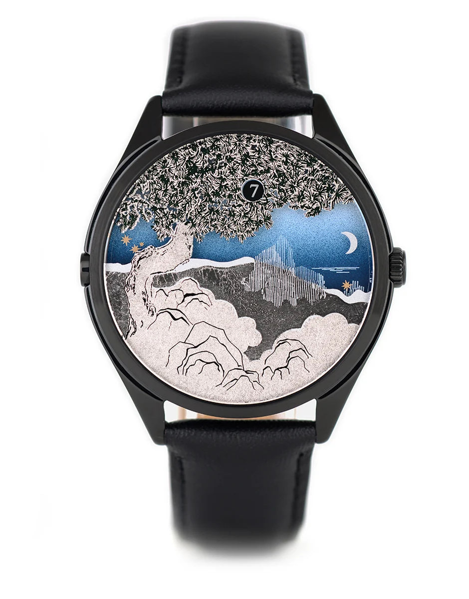 Velqorian Midnight Mountain Watch | Artistic Landscape Dial | Black Leather Strap