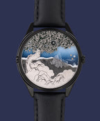 Velqorian Midnight Mountain Watch | Artistic Landscape Dial | Black Leather Strap
