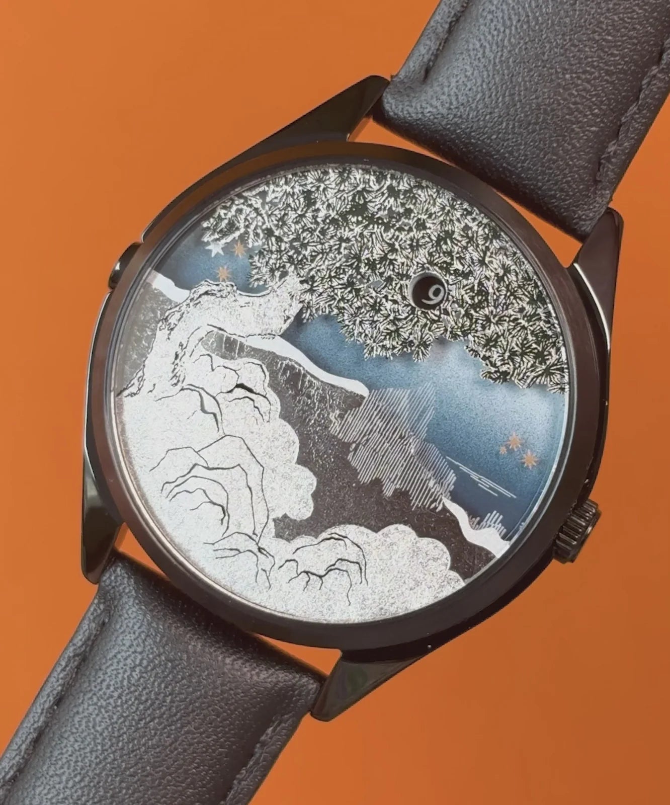 Velqorian Midnight Mountain Watch | Artistic Landscape Dial | Black Leather Strap