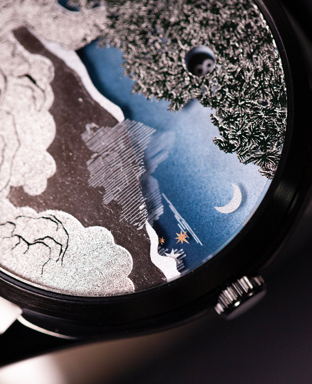 Velqorian Midnight Mountain Watch | Artistic Landscape Dial | Black Leather Strap