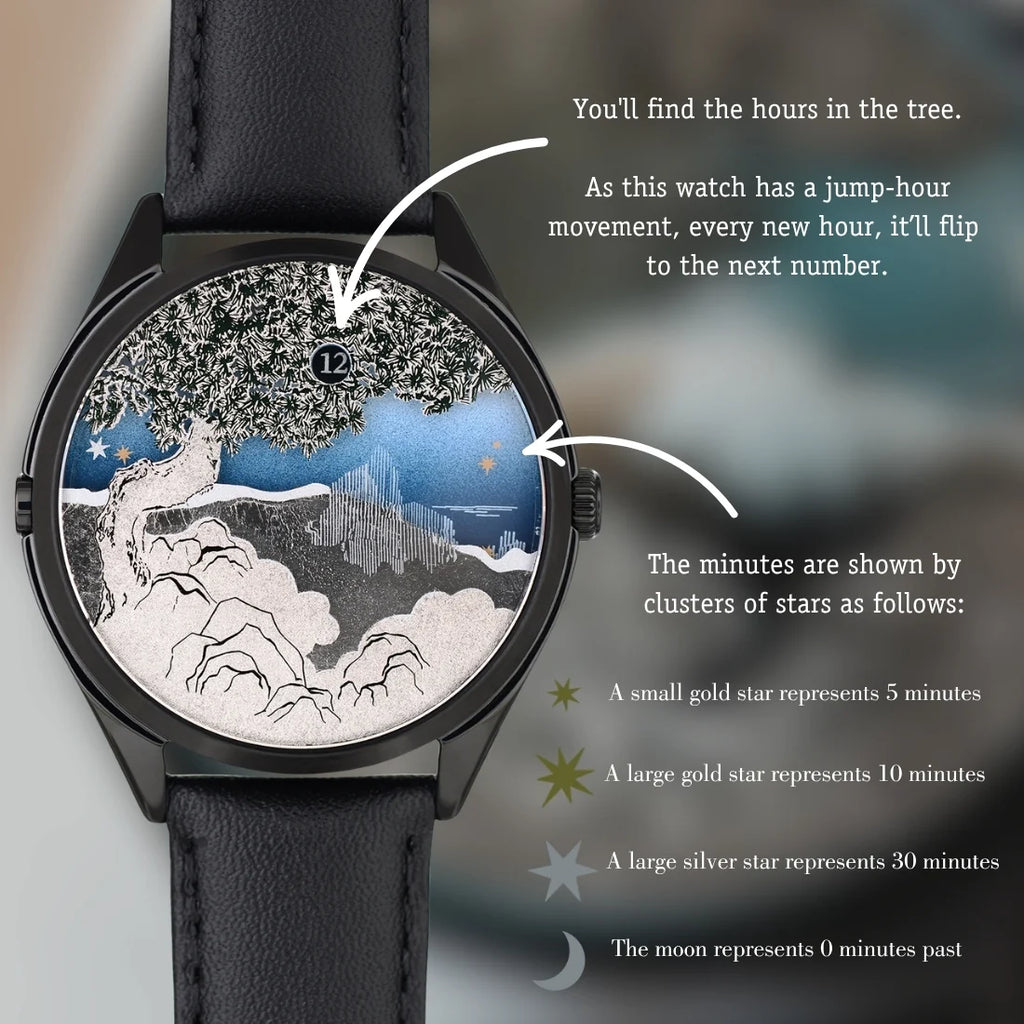 Velqorian Midnight Mountain Watch | Artistic Landscape Dial | Black Leather Strap