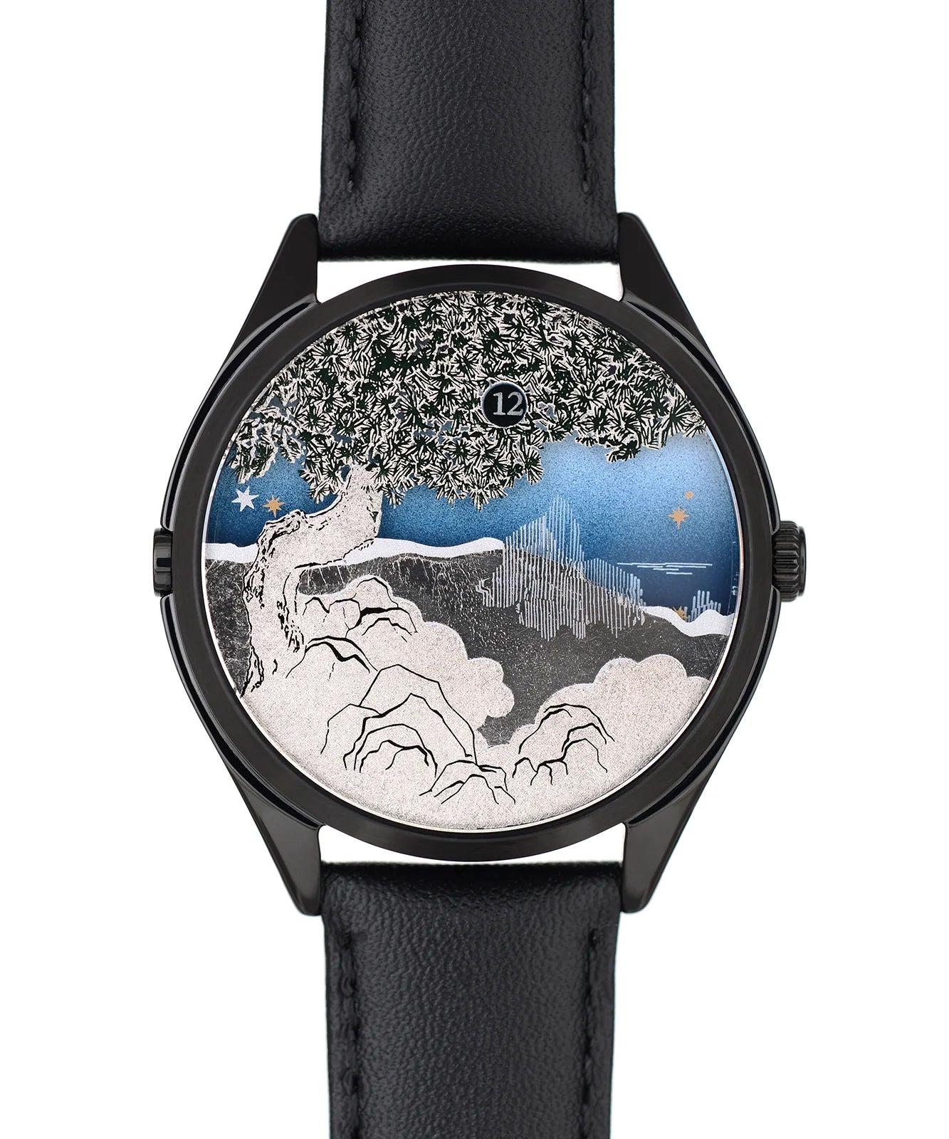 Velqorian Midnight Mountain Watch | Artistic Landscape Dial | Black Leather Strap