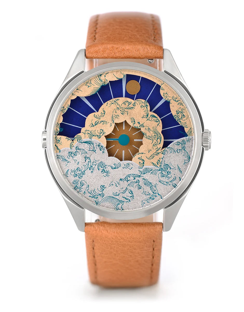 Velqorian Ocean Wave Watch | Artistic Blue & Gold Dial | Brown Leather Strap