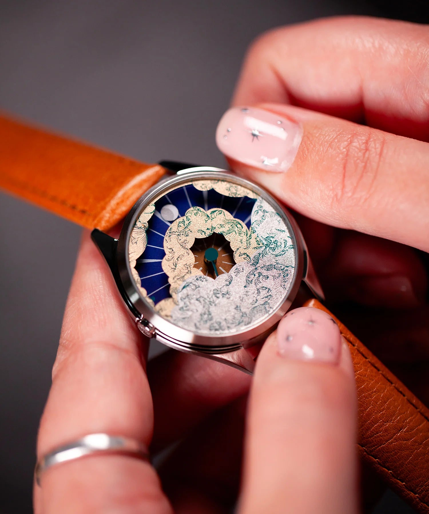 Velqorian Ocean Wave Watch | Artistic Blue & Gold Dial | Brown Leather Strap