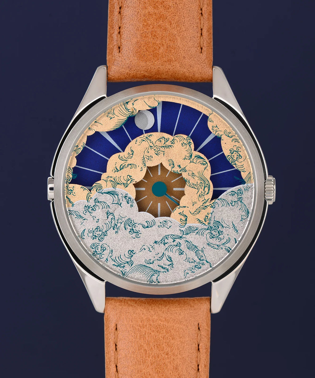 Velqorian Ocean Wave Watch | Artistic Blue & Gold Dial | Brown Leather Strap