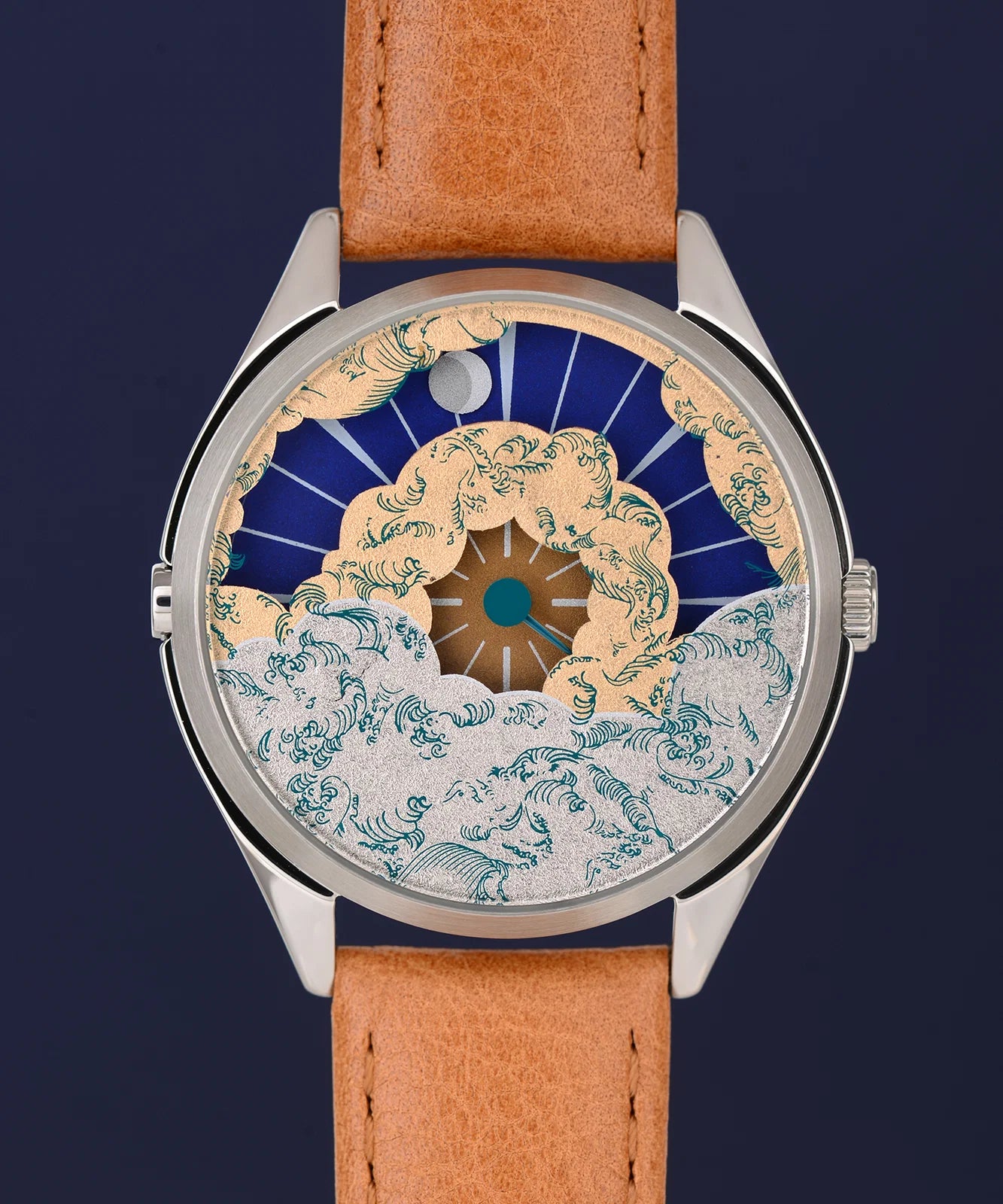 Velqorian Ocean Wave Watch | Artistic Blue & Gold Dial | Brown Leather Strap