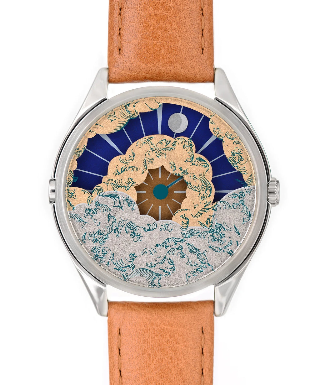 Velqorian Ocean Wave Watch | Artistic Blue & Gold Dial | Brown Leather Strap