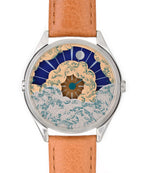Velqorian Ocean Wave Watch | Artistic Blue & Gold Dial | Brown Leather Strap
