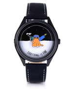 Velqorian Everything Is Fine Watch | Funny Cartoon Dial | Black Leather Strap