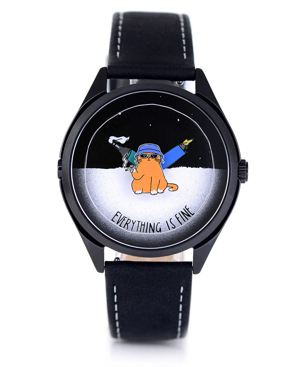 Velqorian Everything Is Fine Watch | Funny Cartoon Dial | Black Leather Strap