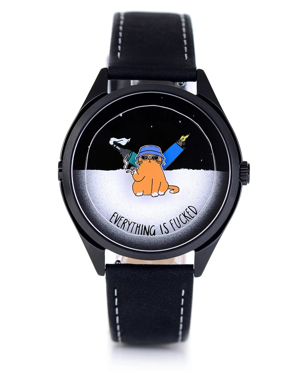 Velqorian Everything Is Fine Watch | Funny Cartoon Dial | Black Leather Strap