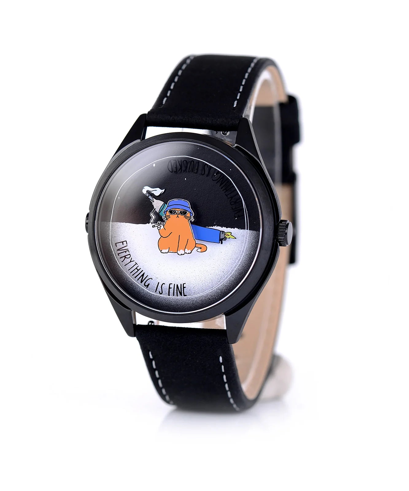 Velqorian Everything Is Fine Watch | Funny Cartoon Dial | Black Leather Strap