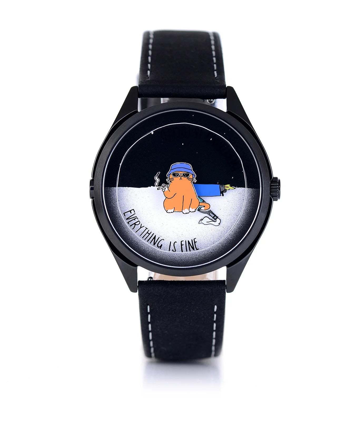 Velqorian Everything Is Fine Watch | Funny Cartoon Dial | Black Leather Strap