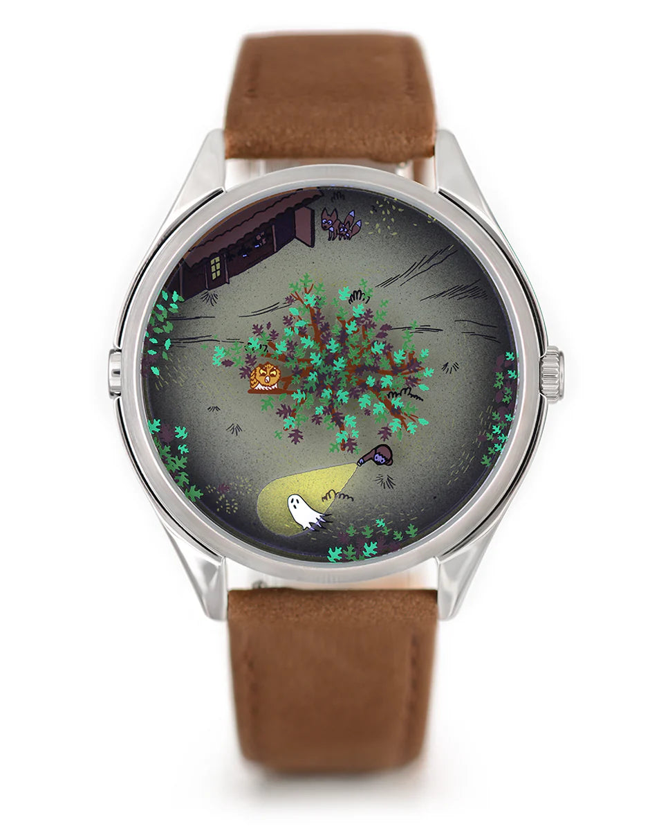 Velqorian Woodland Night Watch | Artistic Forest Dial | Brown Leather Strap