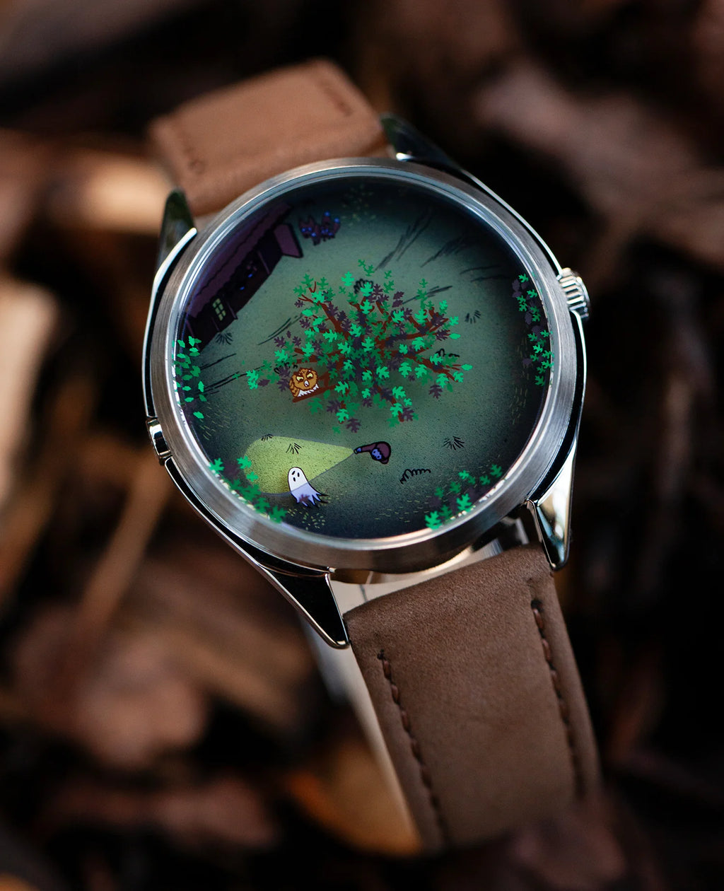 Velqorian Woodland Night Watch | Artistic Forest Dial | Brown Leather Strap
