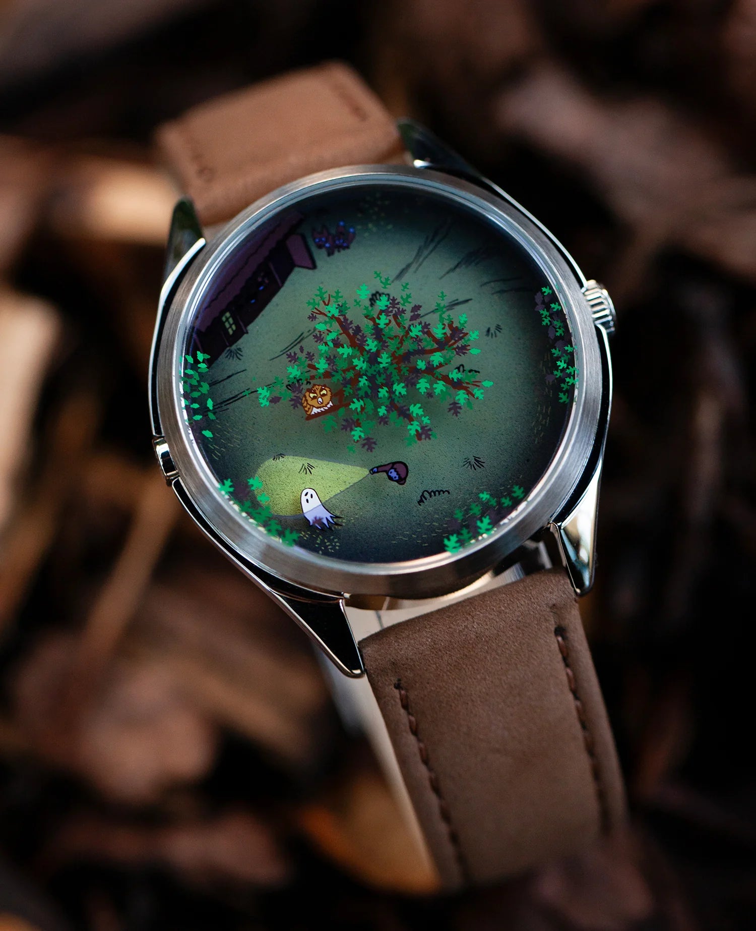 Velqorian Woodland Night Watch | Artistic Forest Dial | Brown Leather Strap