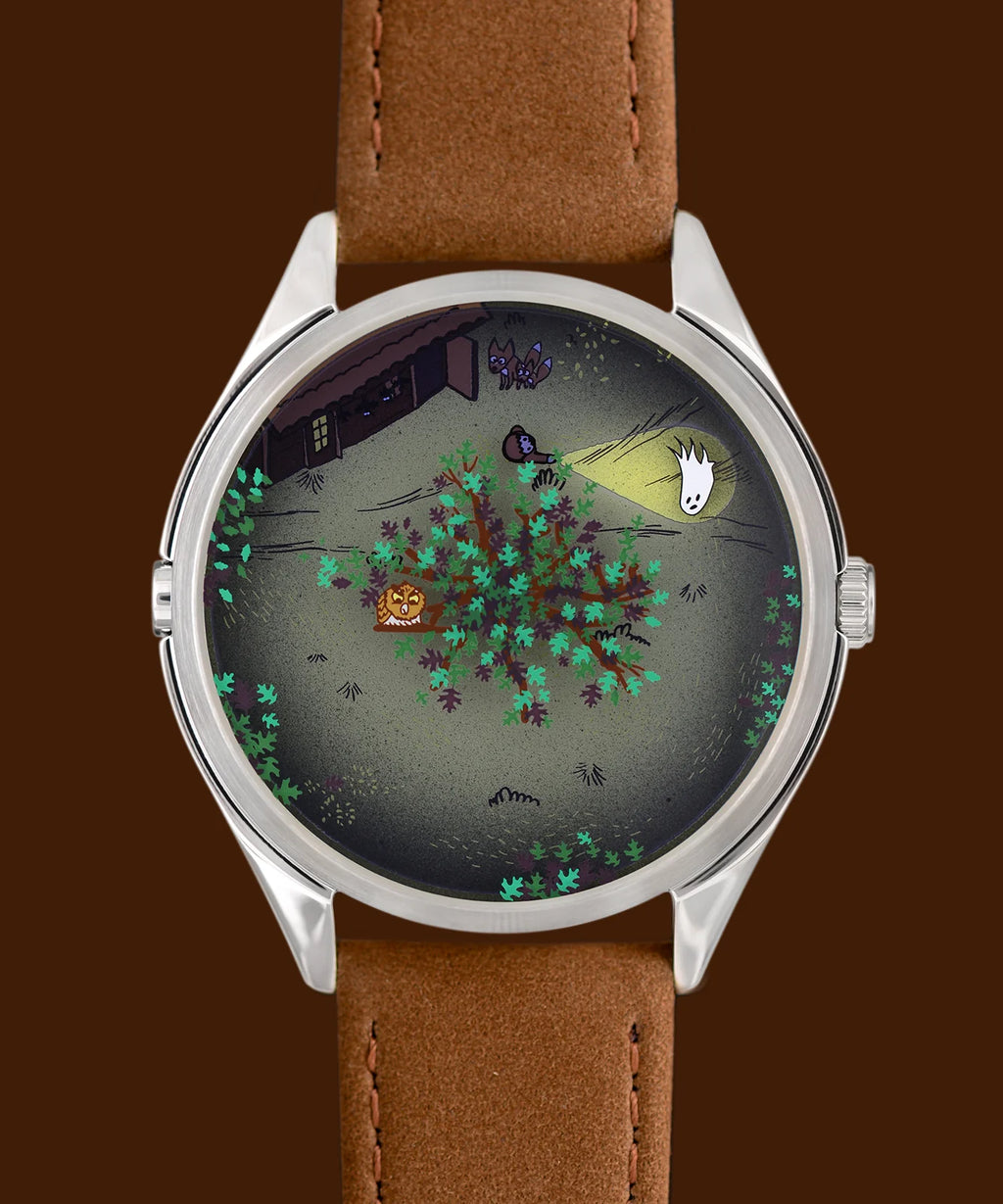 Velqorian Woodland Night Watch | Artistic Forest Dial | Brown Leather Strap