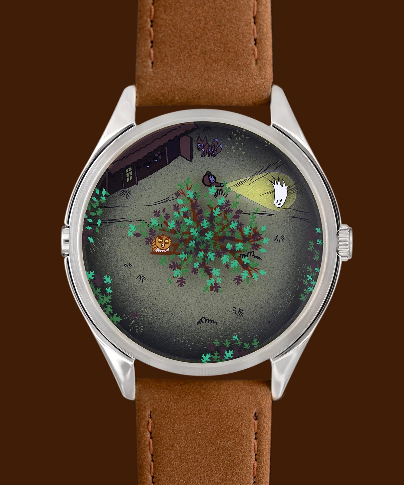 Velqorian Woodland Night Watch | Artistic Forest Dial | Brown Leather Strap