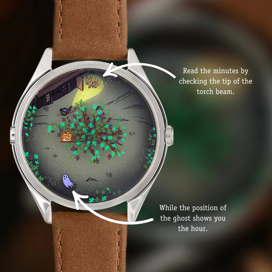 Velqorian Woodland Night Watch | Artistic Forest Dial | Brown Leather Strap