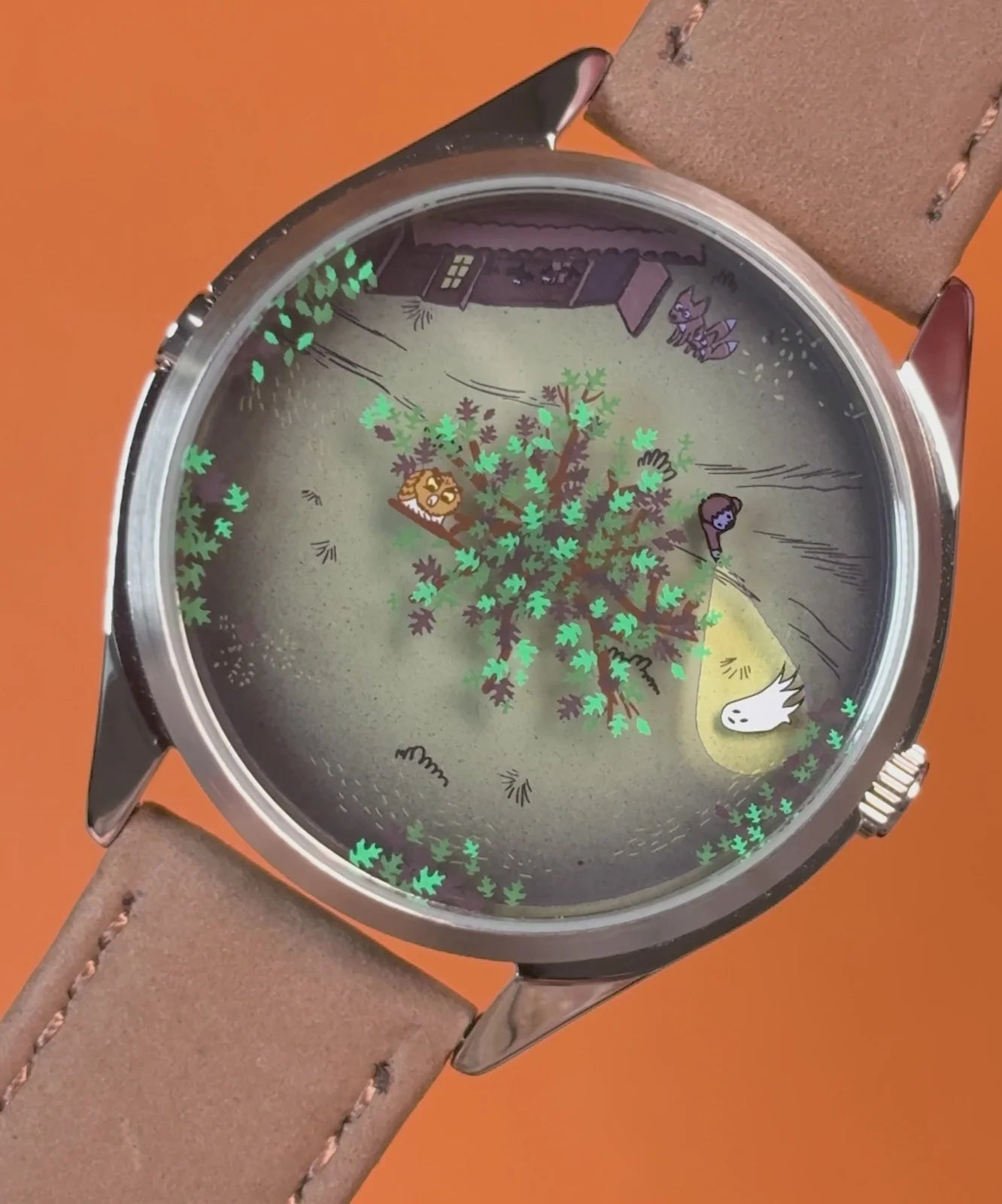 Velqorian Woodland Night Watch | Artistic Forest Dial | Brown Leather Strap
