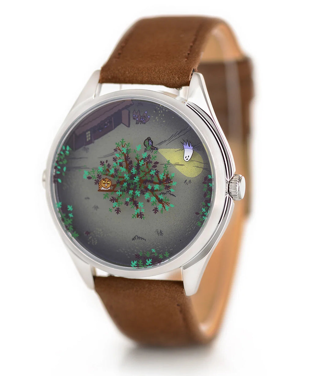 Velqorian Woodland Night Watch | Artistic Forest Dial | Brown Leather Strap