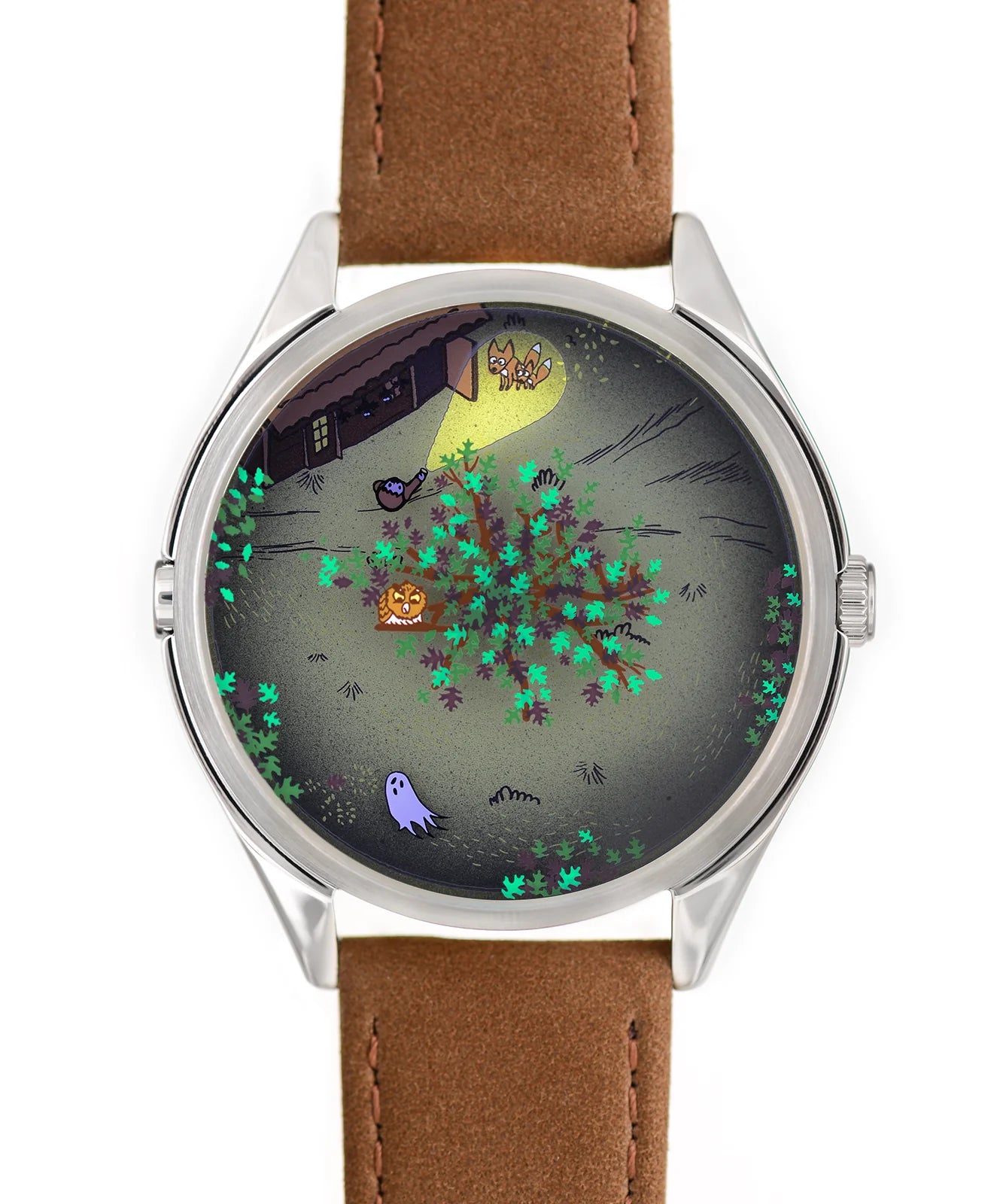 Velqorian Woodland Night Watch | Artistic Forest Dial | Brown Leather Strap