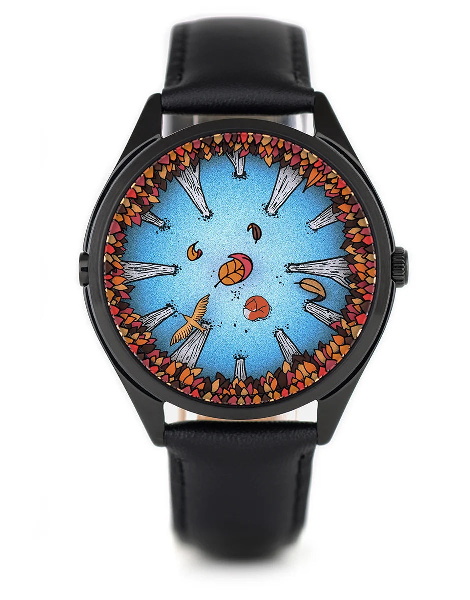 Velqorian Autumn Forest Watch | Artistic Nature Dial | Black Leather Strap