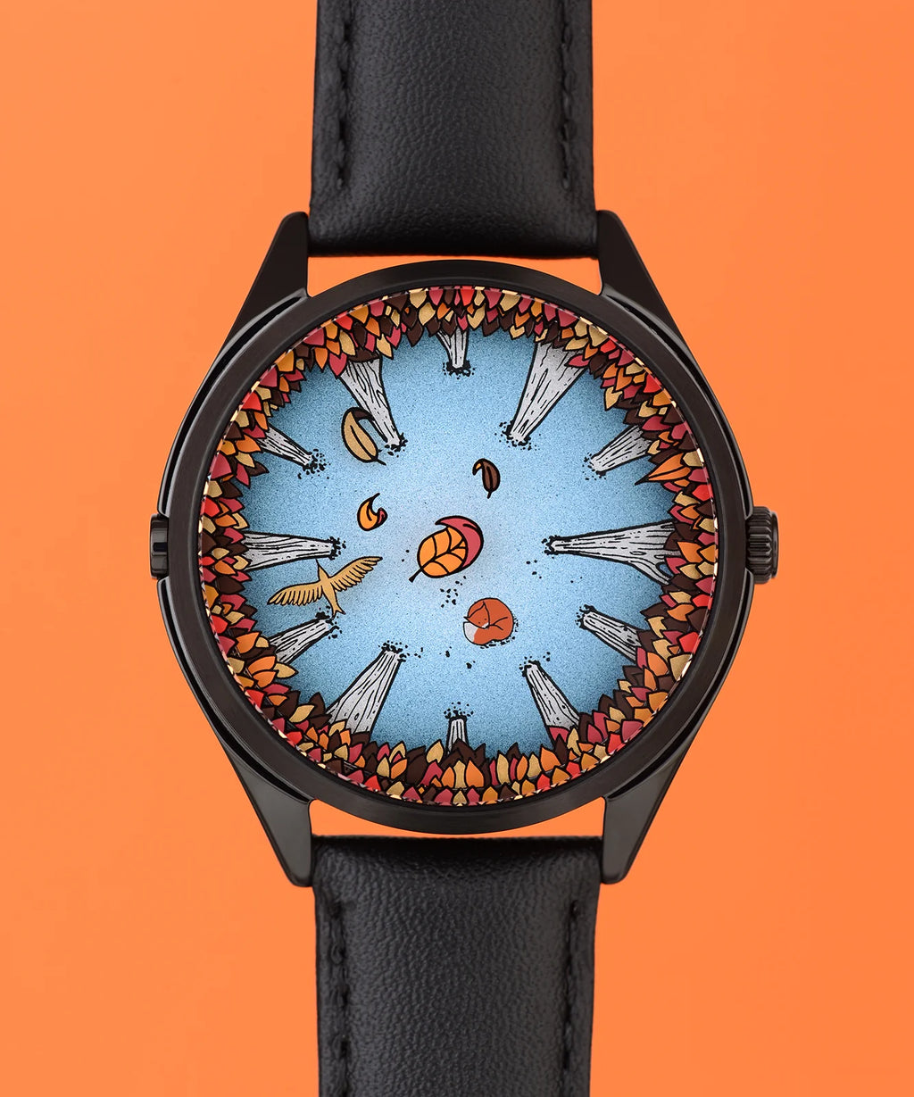 Velqorian Autumn Forest Watch | Artistic Nature Dial | Black Leather Strap