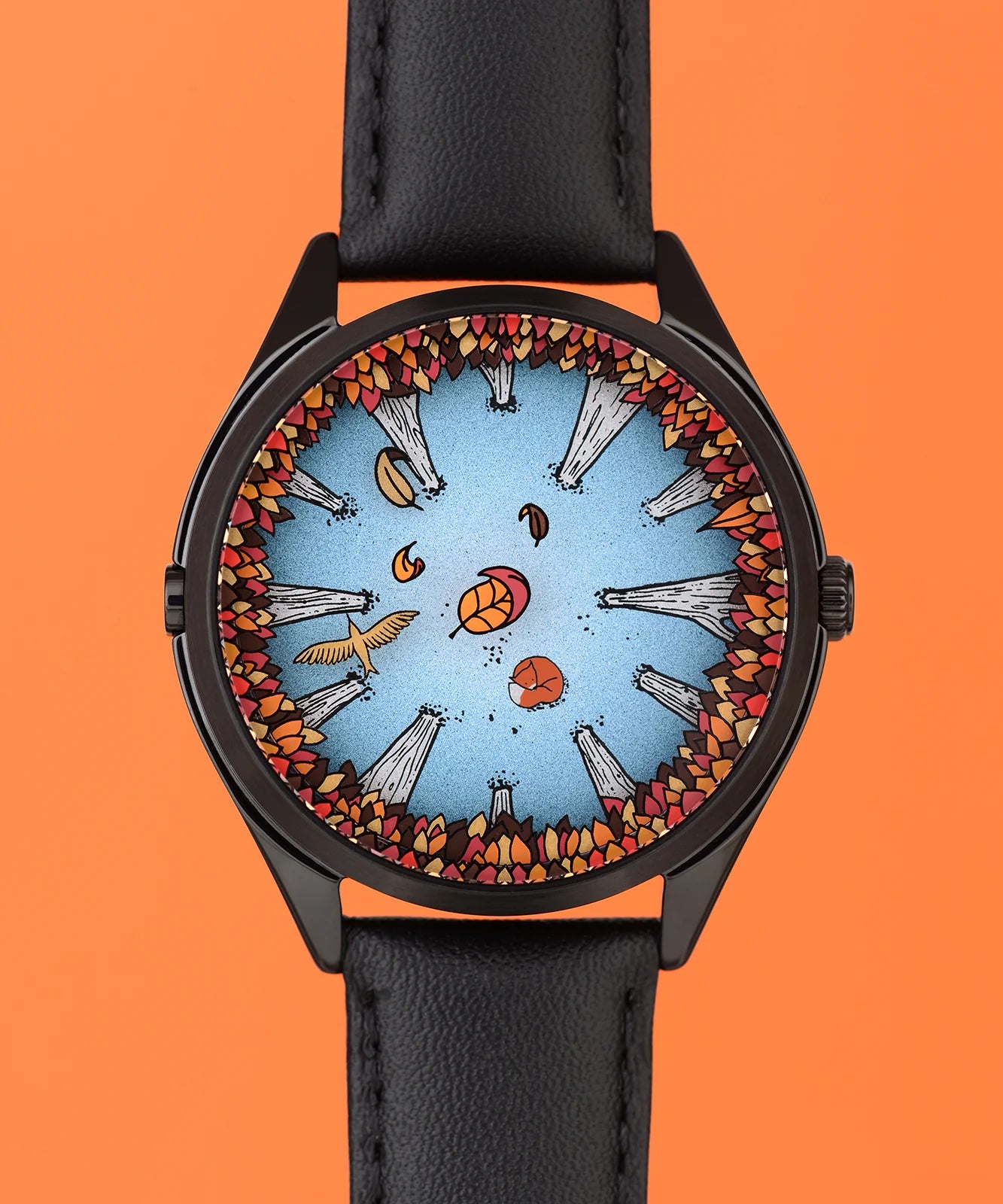 Velqorian Autumn Forest Watch | Artistic Nature Dial | Black Leather Strap
