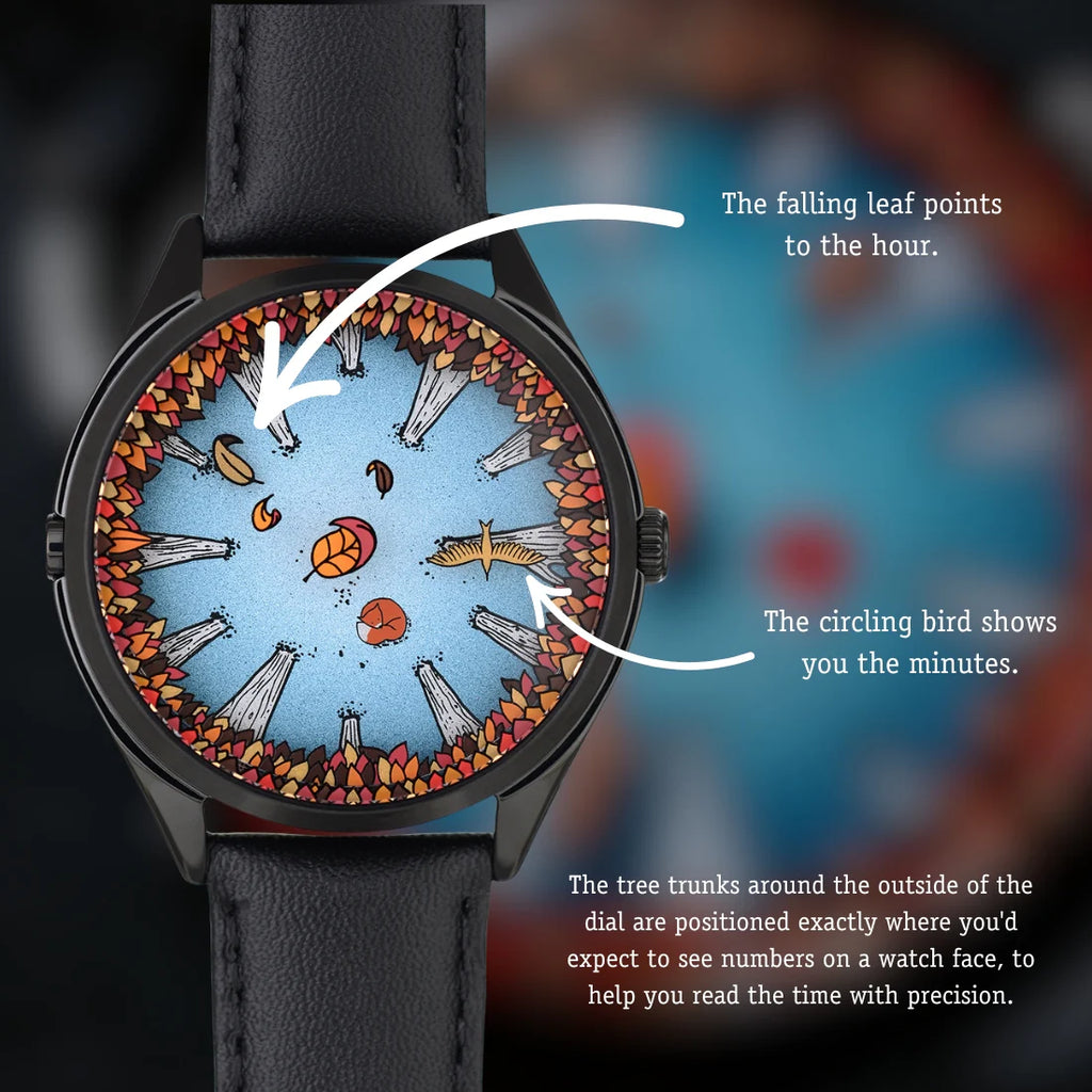 Velqorian Autumn Forest Watch | Artistic Nature Dial | Black Leather Strap