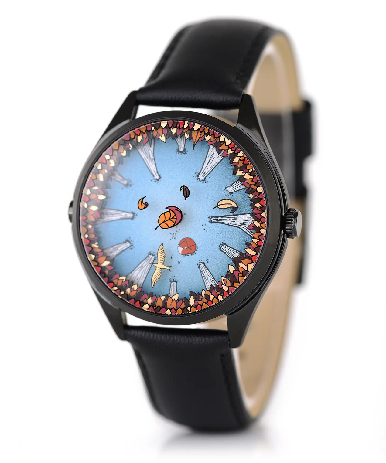 Velqorian Autumn Forest Watch | Artistic Nature Dial | Black Leather Strap