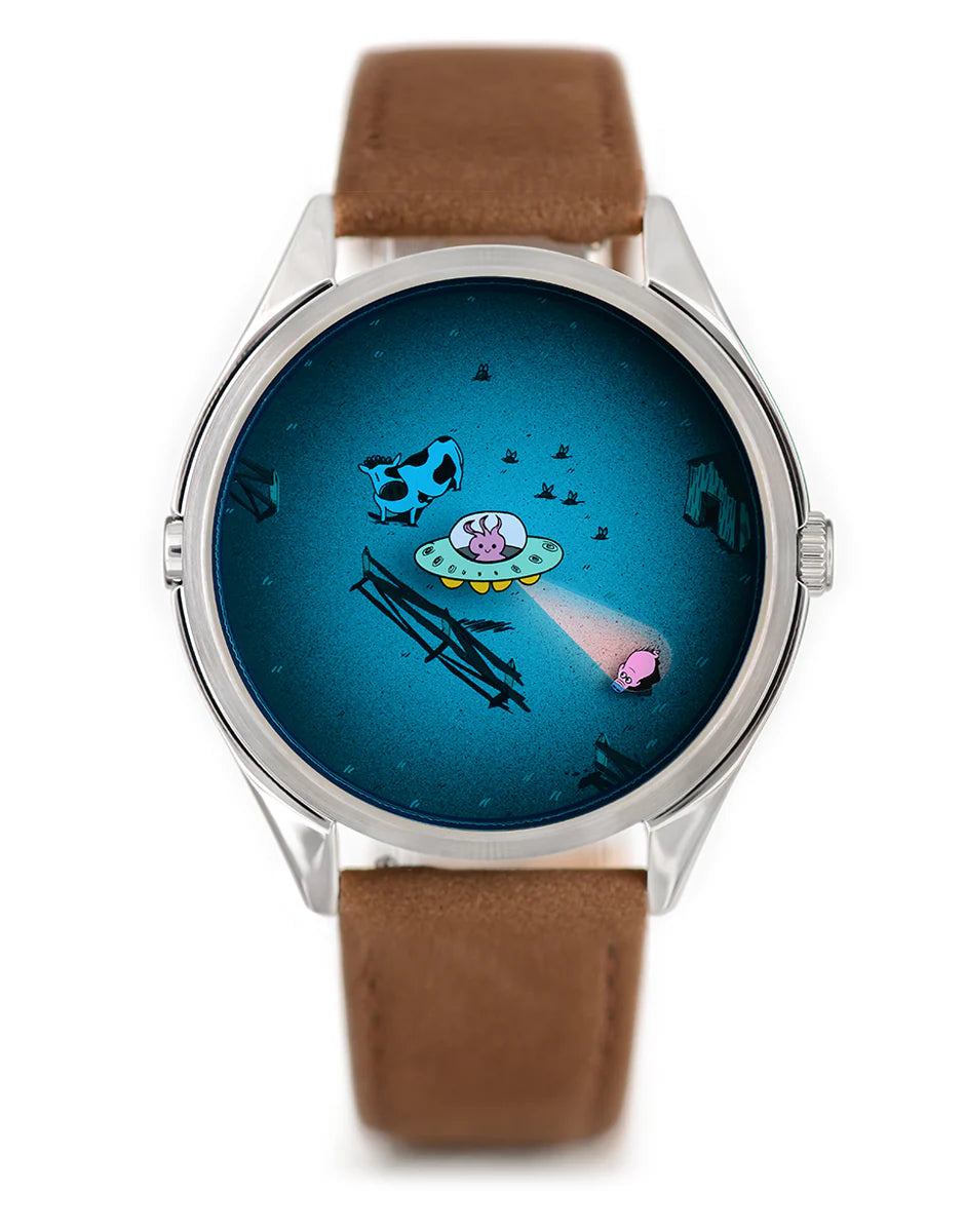 Velqorian Cosmic Encounter Watch | UFO & Space Cartoon Dial | Brown Leather Strap