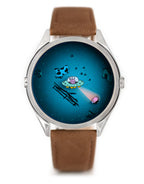 Velqorian Cosmic Encounter Watch | UFO & Space Cartoon Dial | Brown Leather Strap