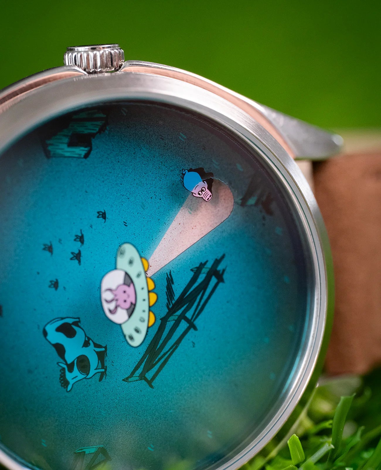 Velqorian Cosmic Encounter Watch | UFO & Space Cartoon Dial | Brown Leather Strap