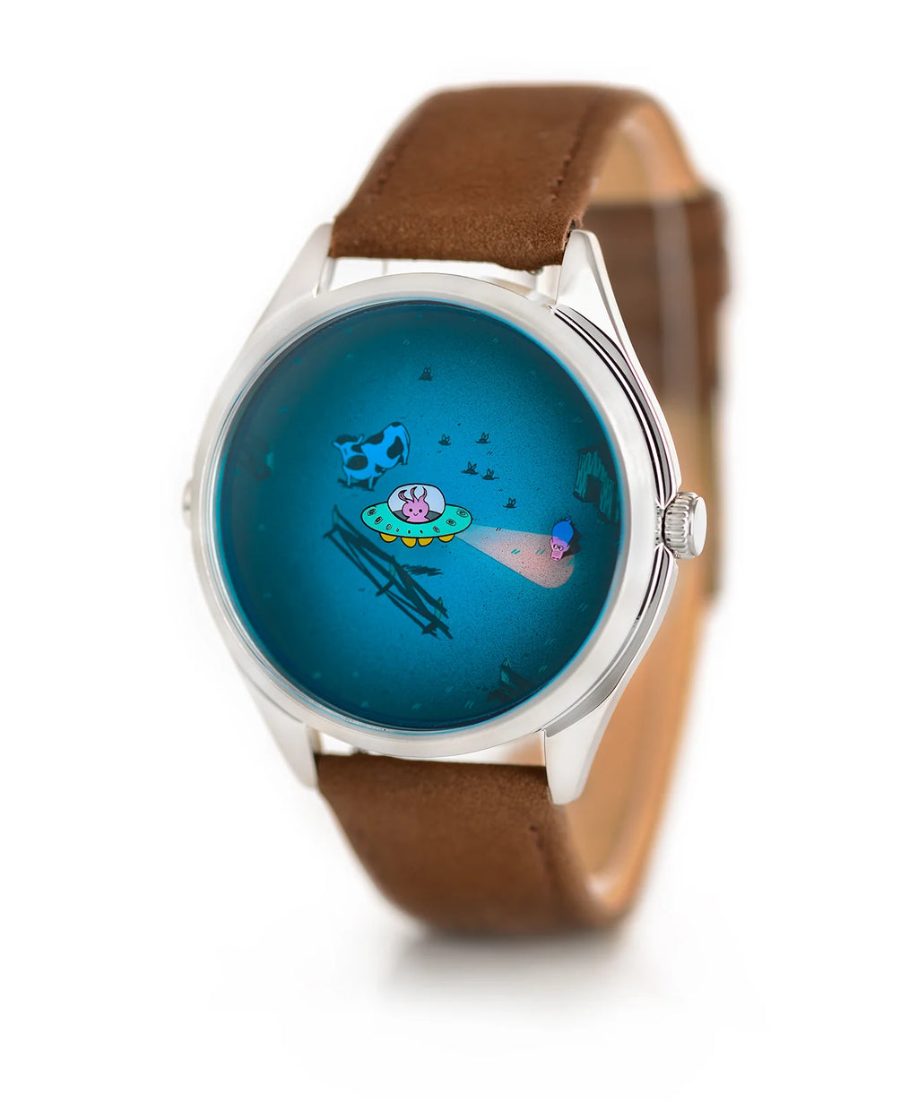 Velqorian Cosmic Encounter Watch | UFO & Space Cartoon Dial | Brown Leather Strap