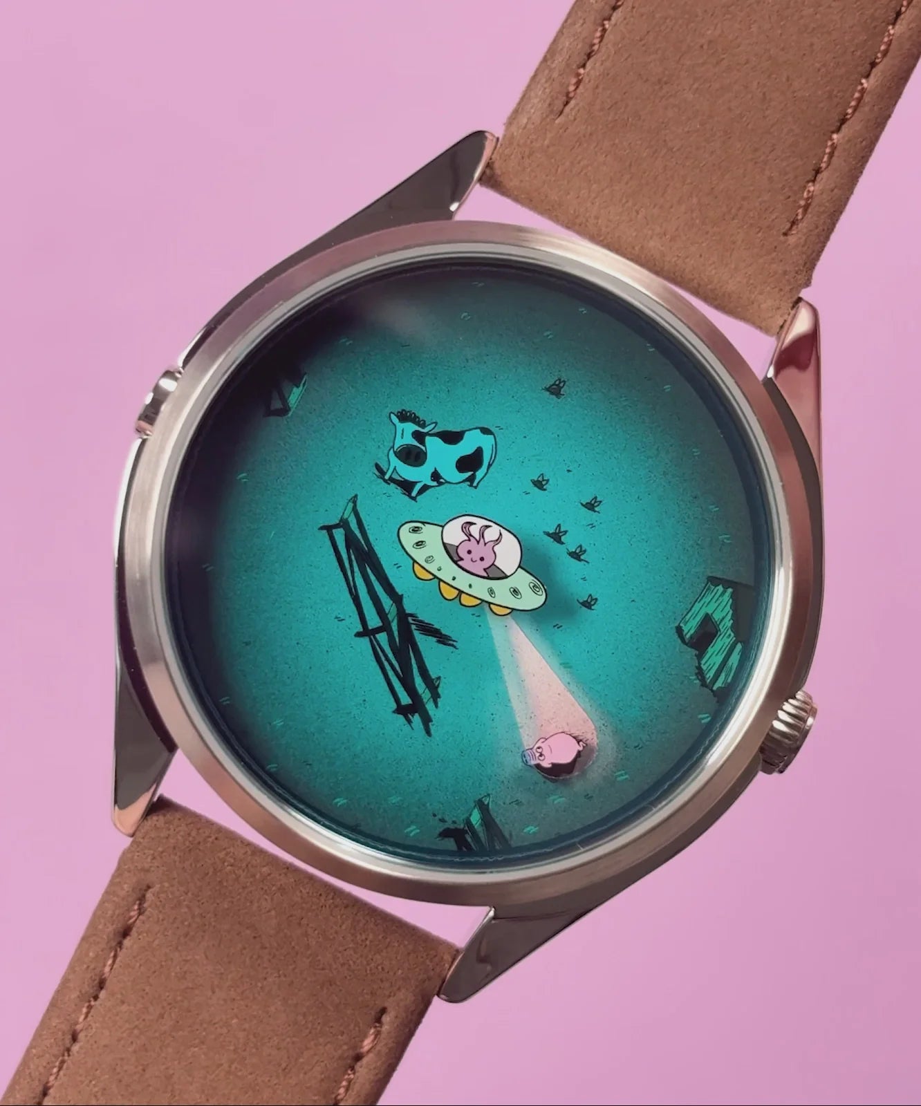 Velqorian Cosmic Encounter Watch | UFO & Space Cartoon Dial | Brown Leather Strap