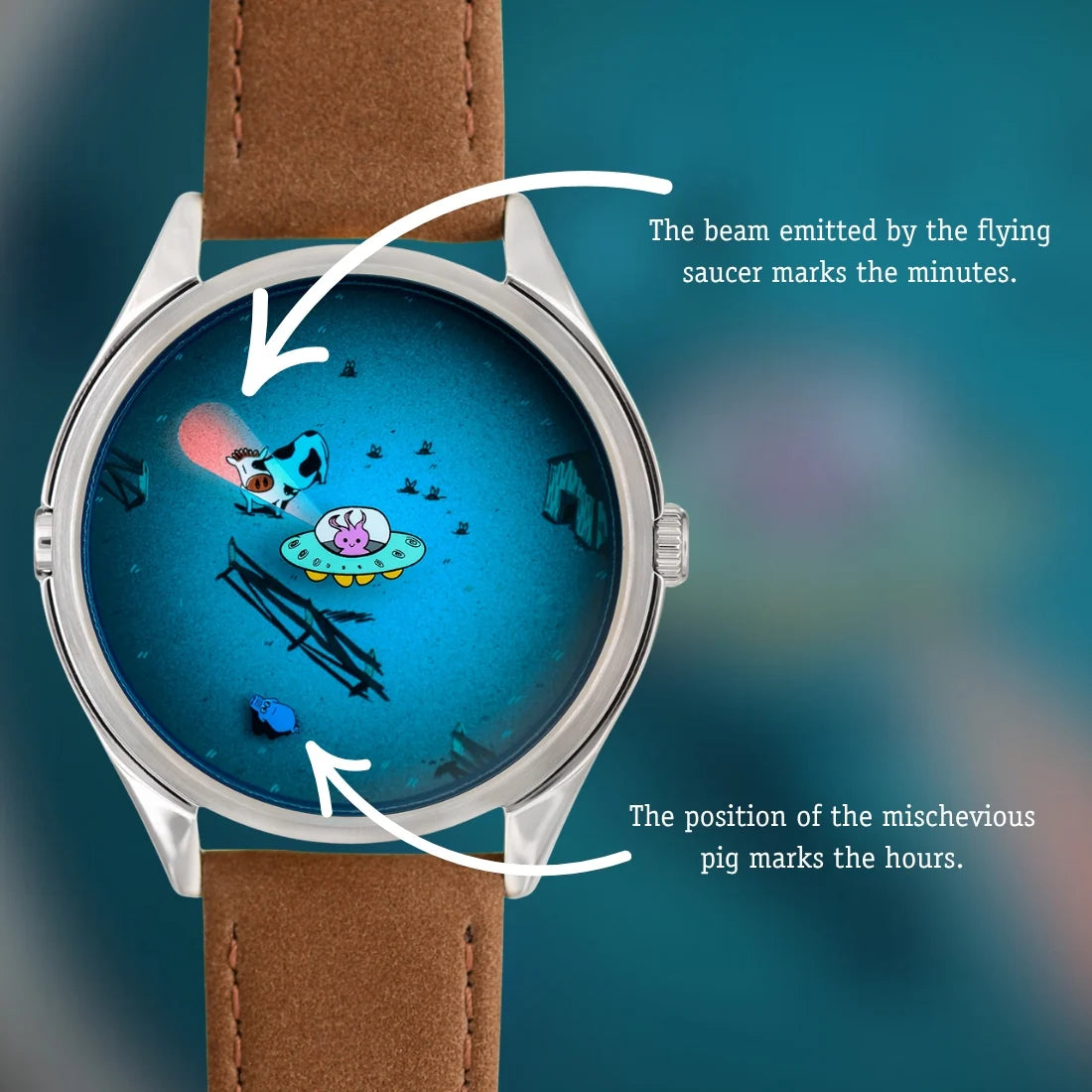 Velqorian Cosmic Encounter Watch | UFO & Space Cartoon Dial | Brown Leather Strap