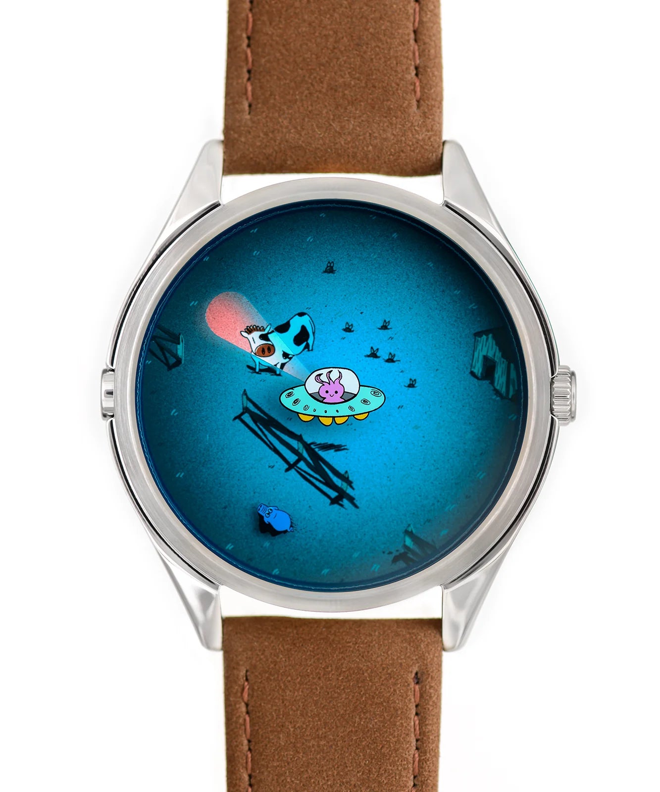 Velqorian Cosmic Encounter Watch | UFO & Space Cartoon Dial | Brown Leather Strap