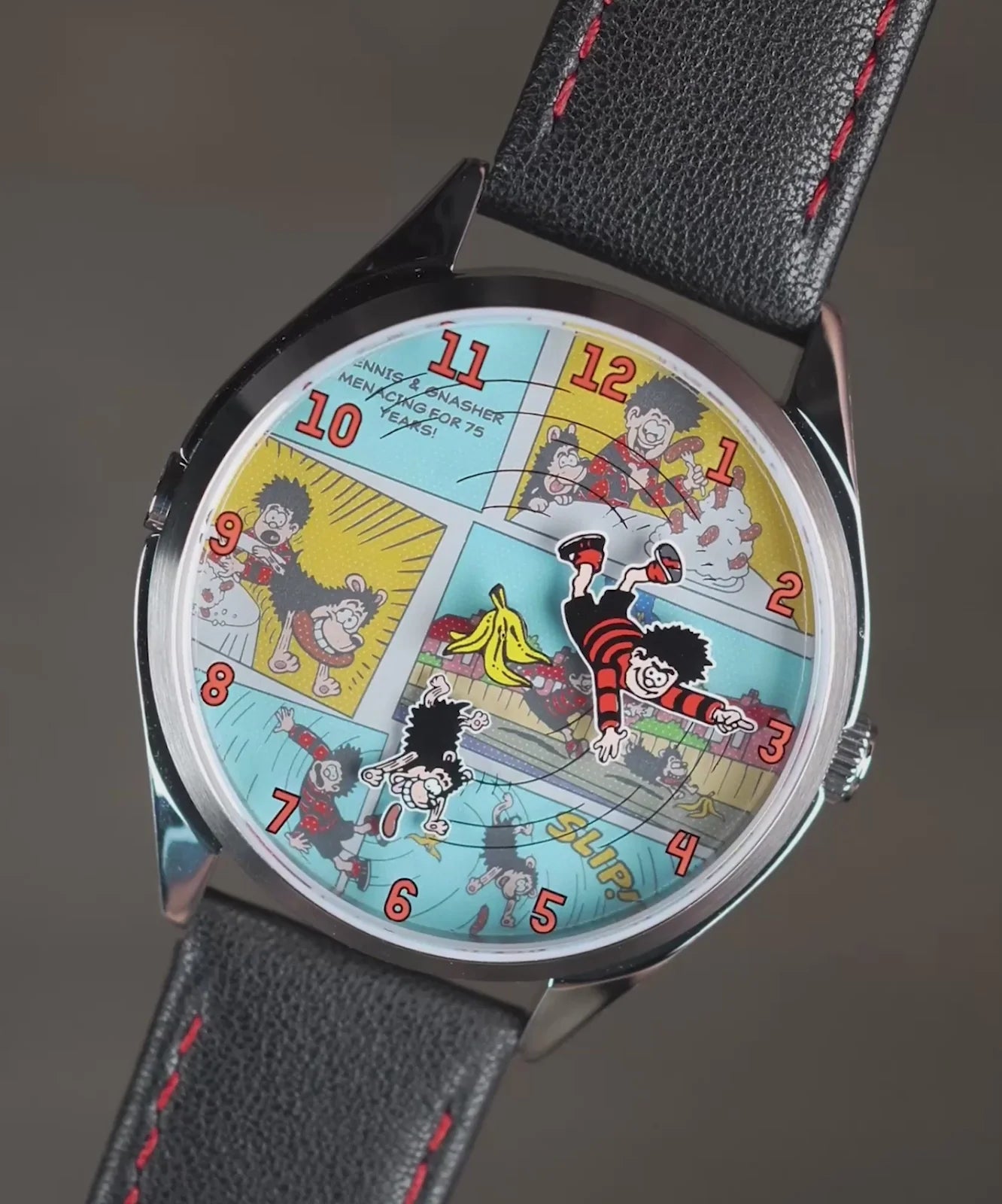 Velqorian Retro Adventure Watch | Fun Cartoon Dial | Black & Red Leather Strap