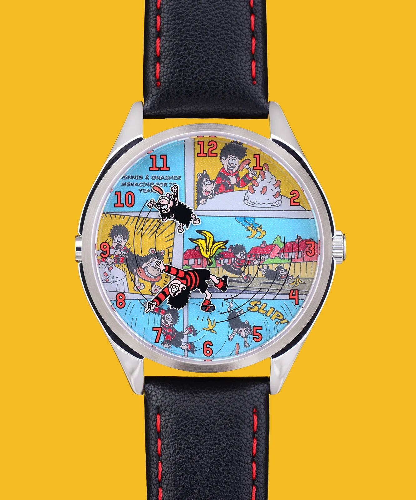 Velqorian Retro Adventure Watch | Fun Cartoon Dial | Black & Red Leather Strap